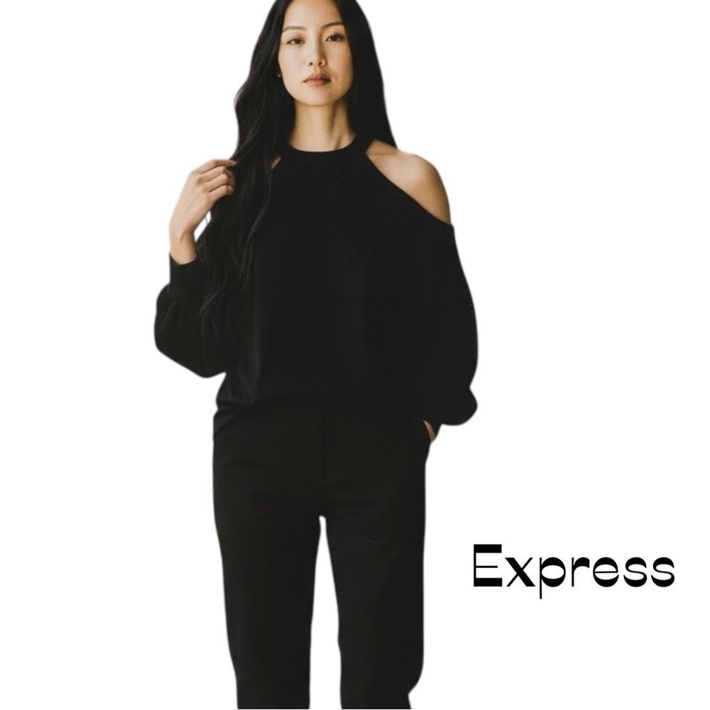 Express Black Cropped Open Shoulder Vintage Sweater Size SP
